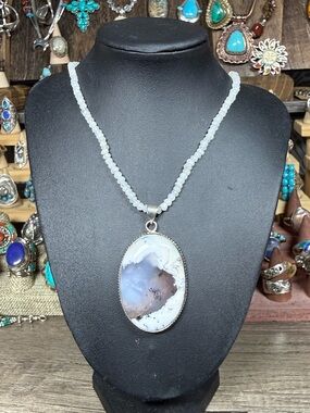 Handmade Light Blue Druzy Agate Pendant Necklace with Beaded Chain